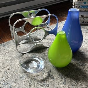Crate & Barrel vases & clear soap dish & wine rack